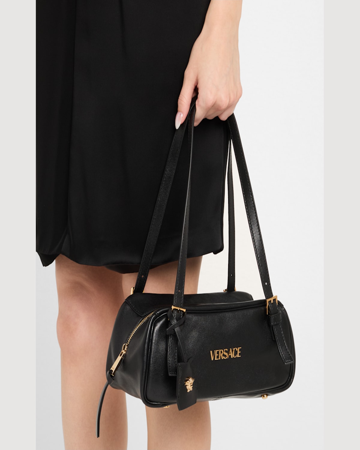 Versace Tag Bowling Shoulder Bag In Black- Gold