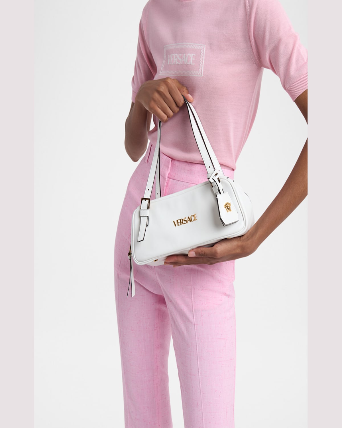 Versace Tag Bowling Shoulder Bag In Black- Gold