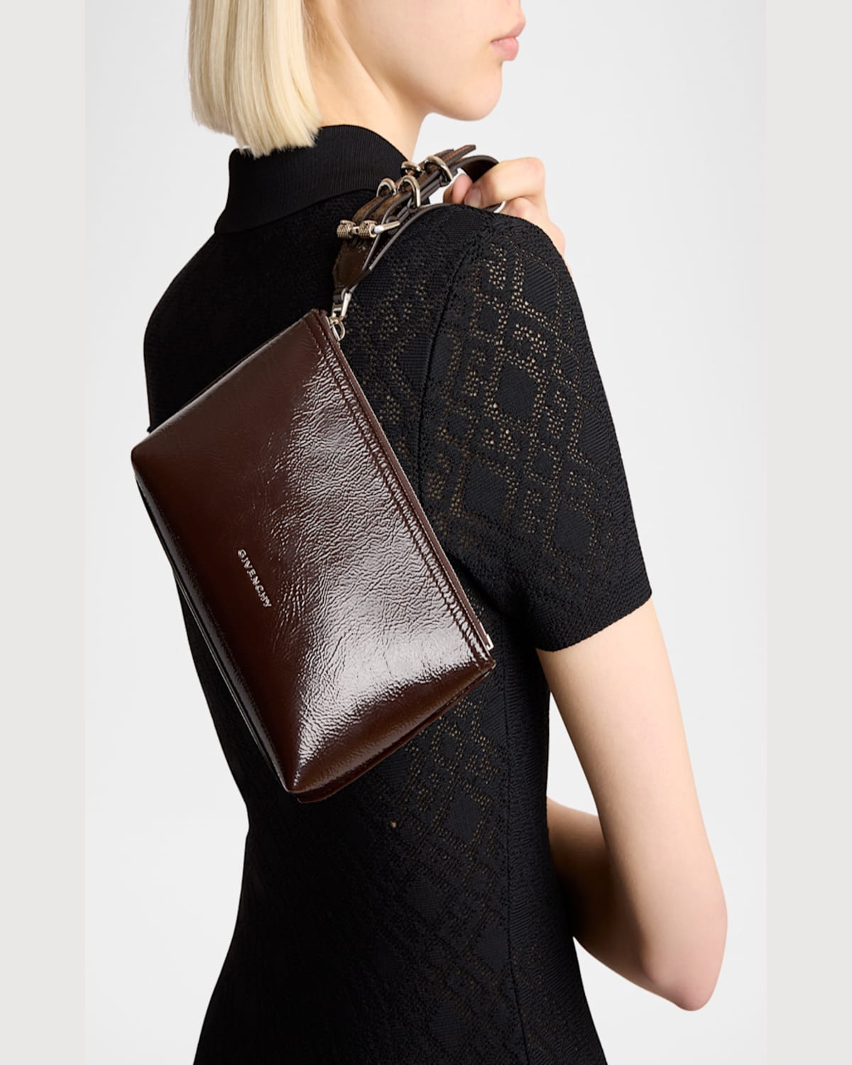 Givenchy Voyou Small Pouch Bag In Shiny Crinkled Leather In Ebony Brown