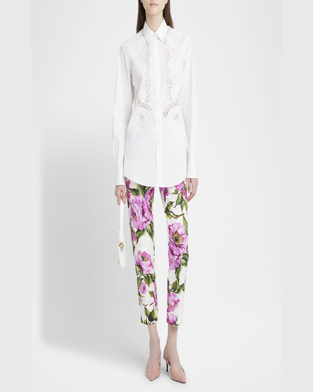 Dolce & Gabbana Lace Inset Poplin Button Down Blouse In White