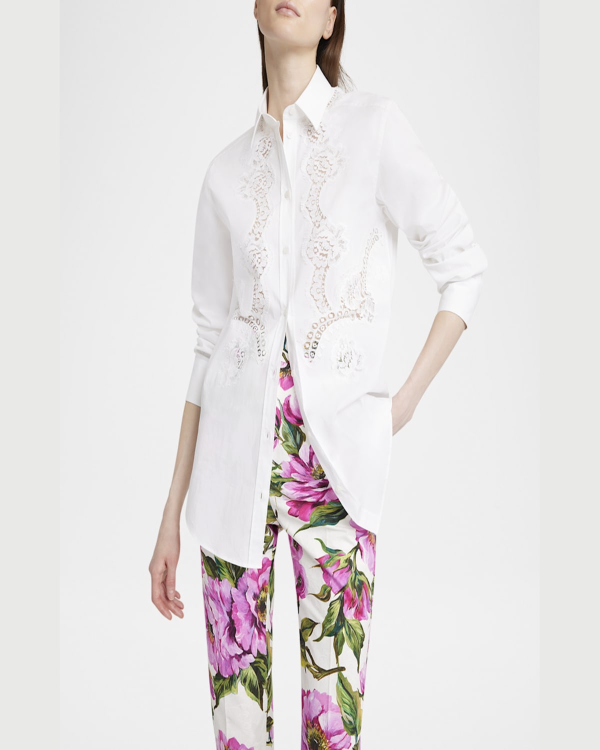 Dolce & Gabbana Lace Inset Poplin Button Down Blouse In White