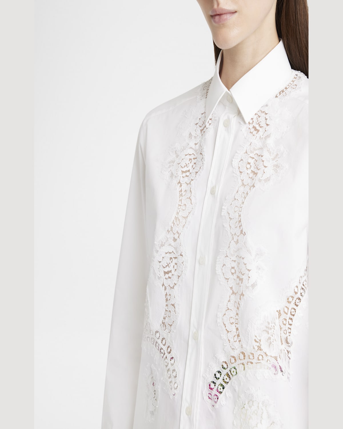 Dolce & Gabbana Lace Inset Poplin Button Down Blouse In White