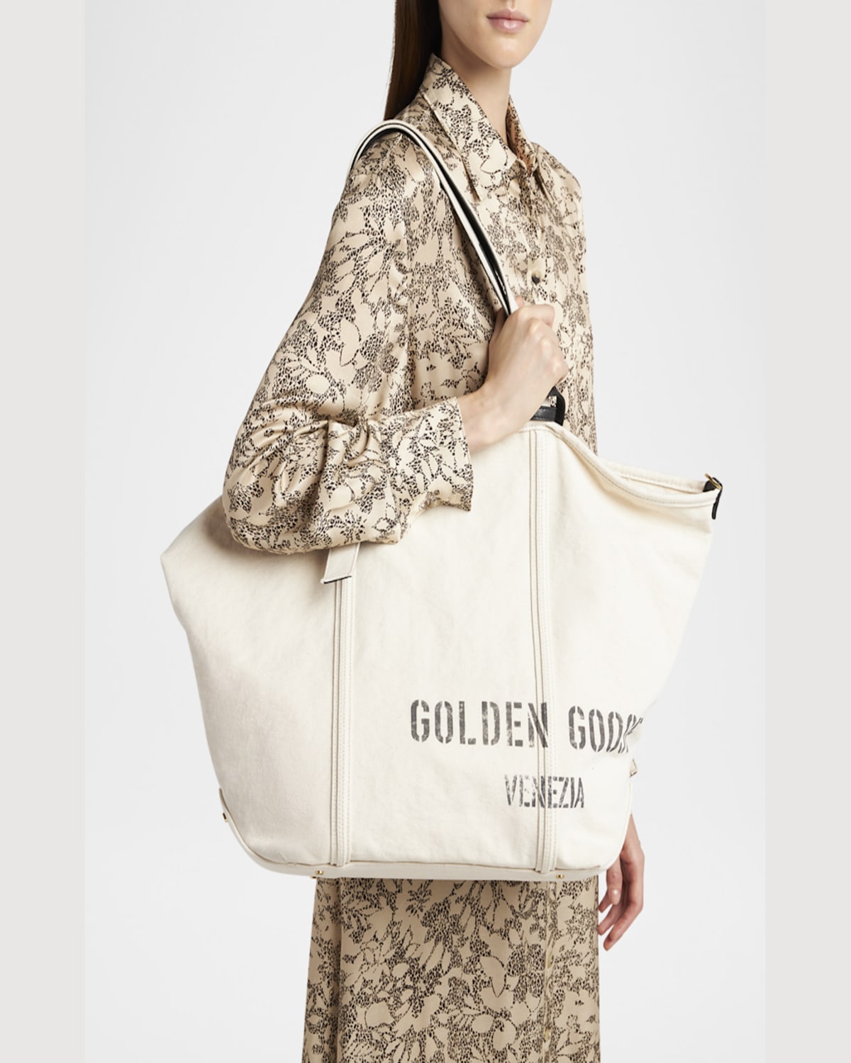 Golden Goose Spacious Beige Handbag With Dual Handles And Adjustable Strap In Ecru