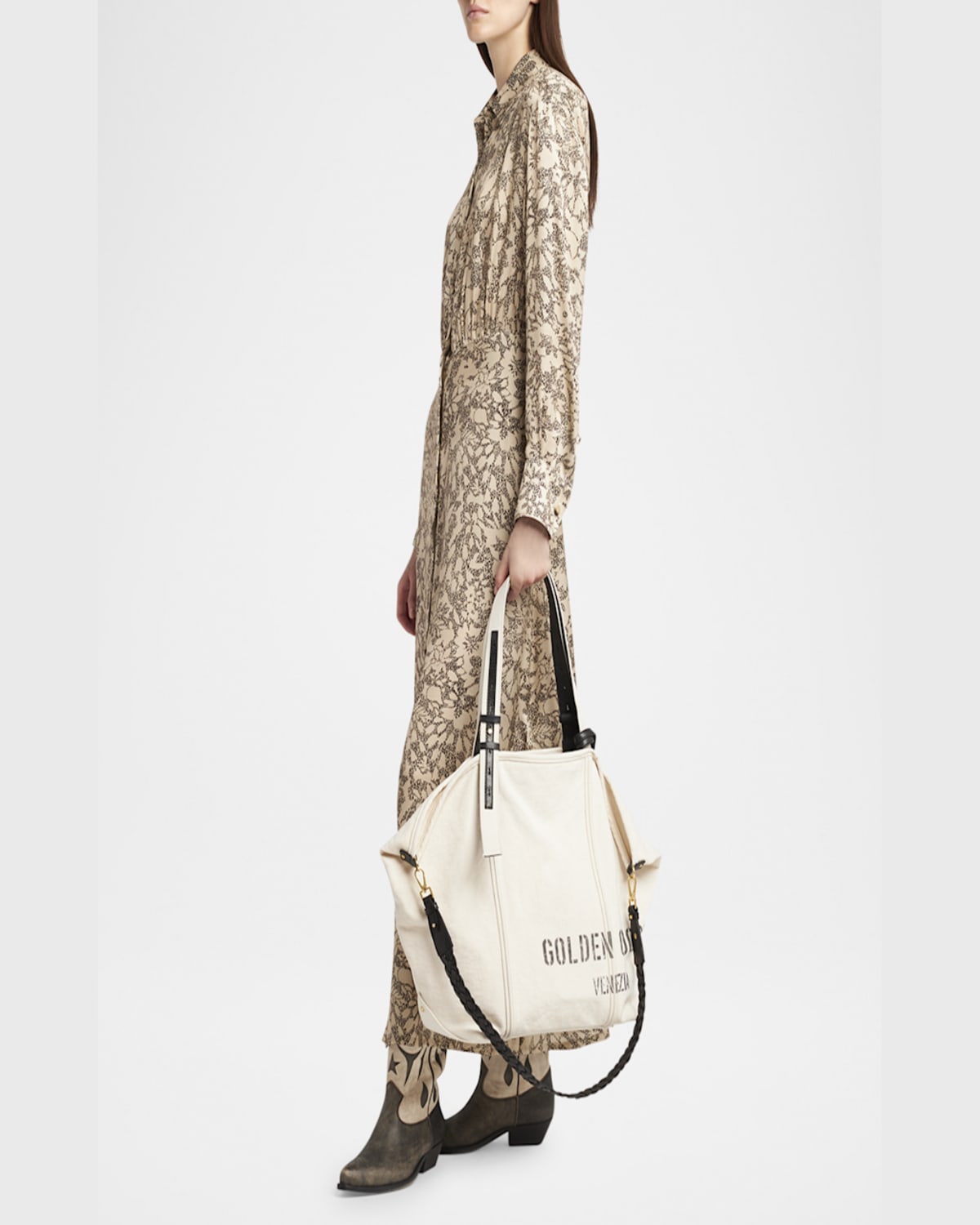 Golden Goose Spacious Beige Handbag With Dual Handles And Adjustable Strap In Ecru