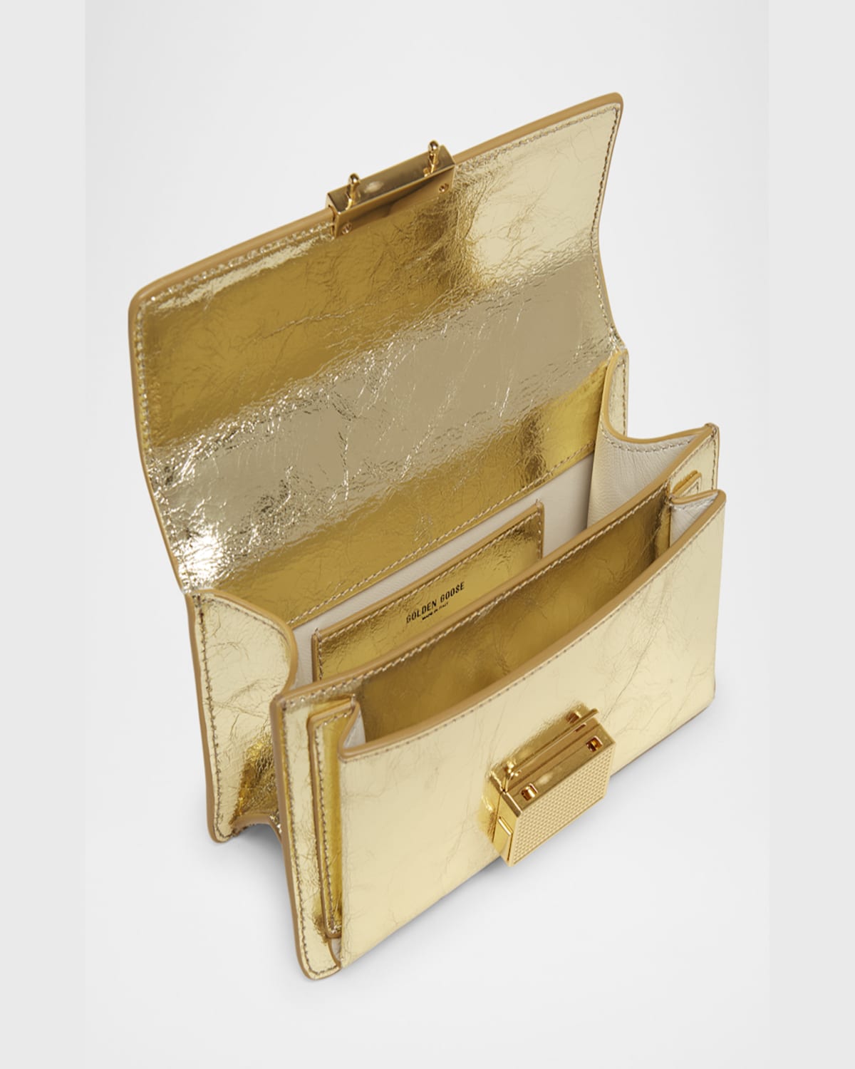 Golden Goose Venezia Small Shiny Wavy Leather Crossbody Bag In Light Gold Metal