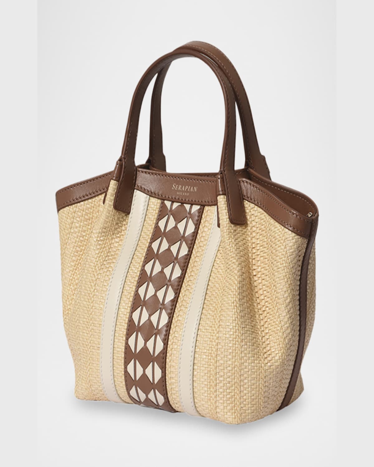 Serapian Secret Mini Mosaic Raffia & Leather Top-handle Bag In Natural Tan