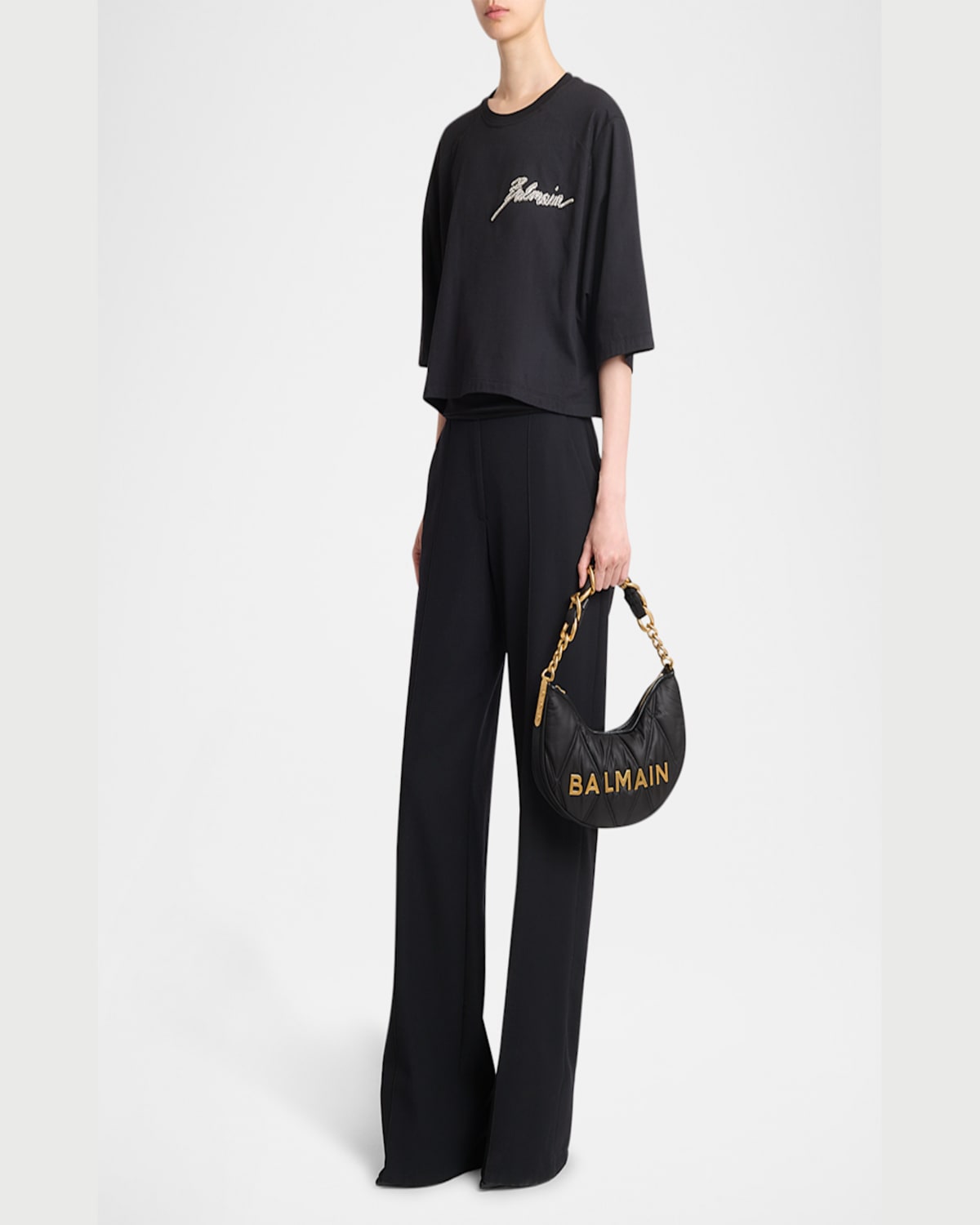 Balmain 1945 Moon Shoulder Bag In Grid Quilted Nylon In Eaf Noirkaki