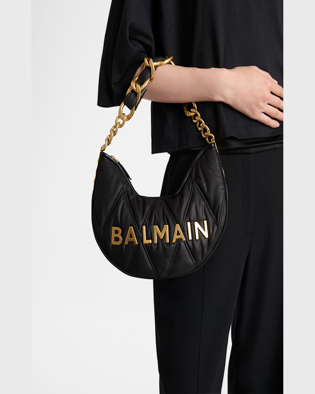 Balmain 1945 Moon Shoulder Bag In Grid Quilted Nylon In Eaf Noirkaki