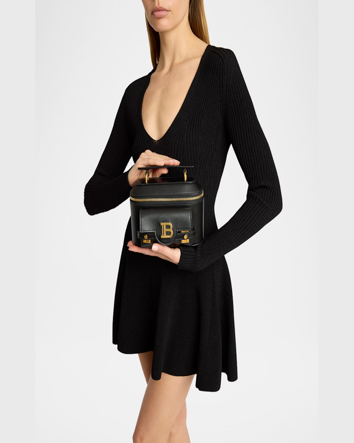 Balmain B Buzz Zip Vanity Top-handle Bag In Calfskin In Noir
