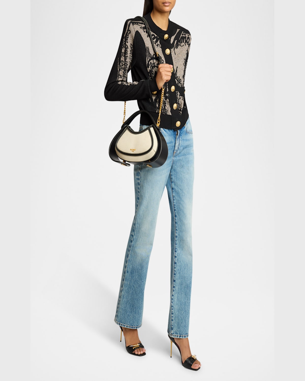 Balmain Jolie Madam Medium Top-handle Bag In Canvas And Box Leather In Gau Naturelnoir