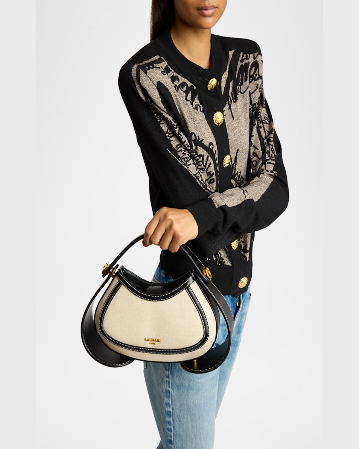Balmain Jolie Madam Medium Top-handle Bag In Canvas And Box Leather In Gau Naturelnoir