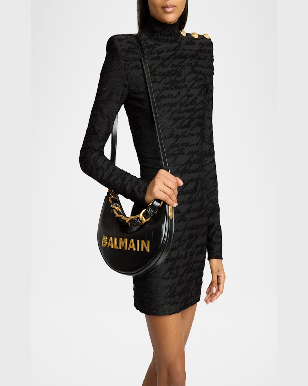 Balmain 1945 Moon Shoulder Bag In Pb Embossed Crinkle Leather In Noir