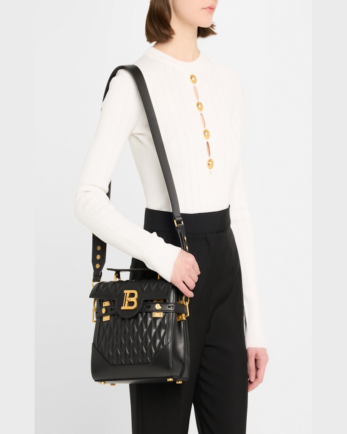 Balmain B Buzz 23 Crossbody Bag In Grid Padded Calfskin In 0pa Noir