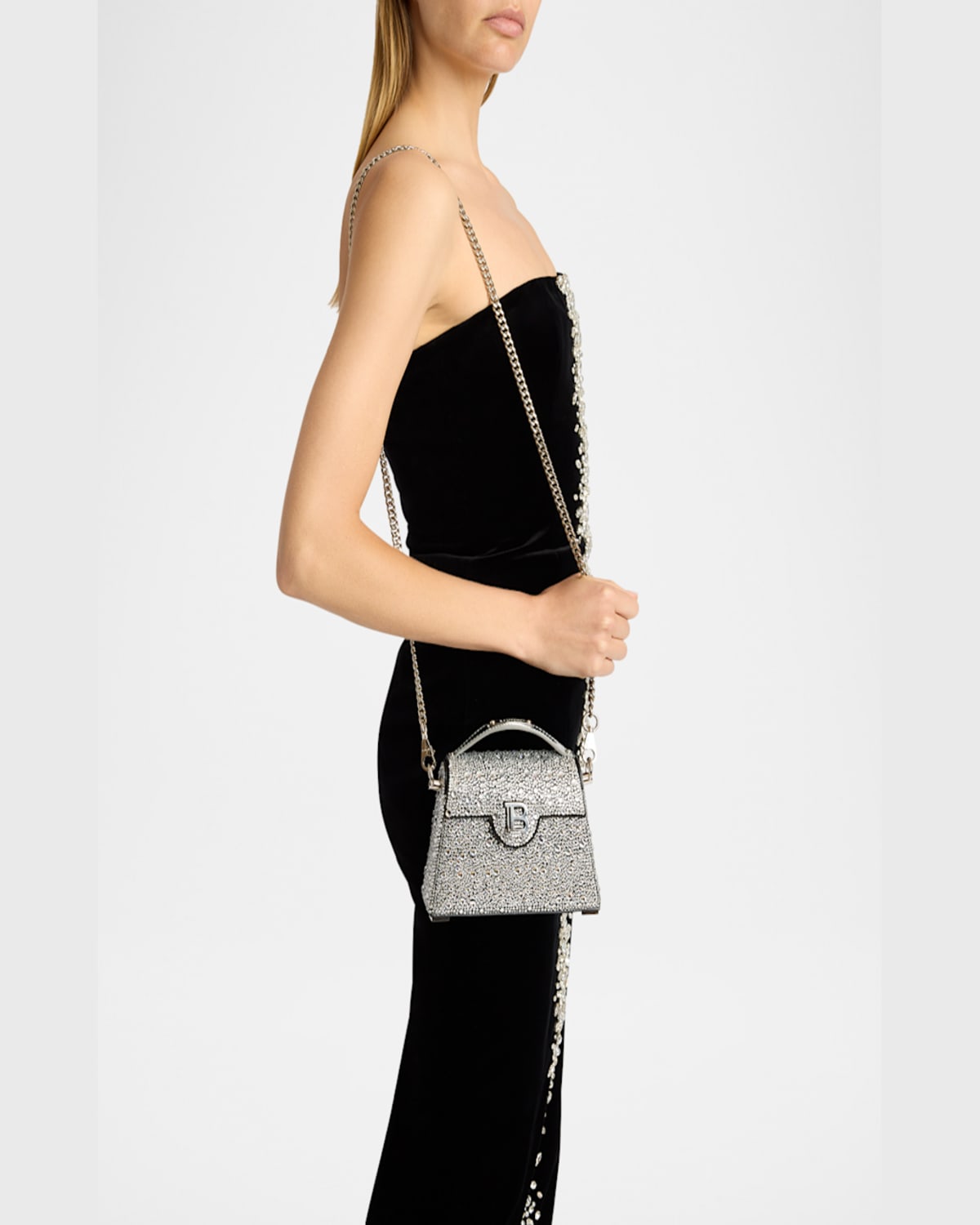 Balmain B Buzz Dynasty Small Top-handle Bag In Strass Suede And Leather In Eaw Noircristal