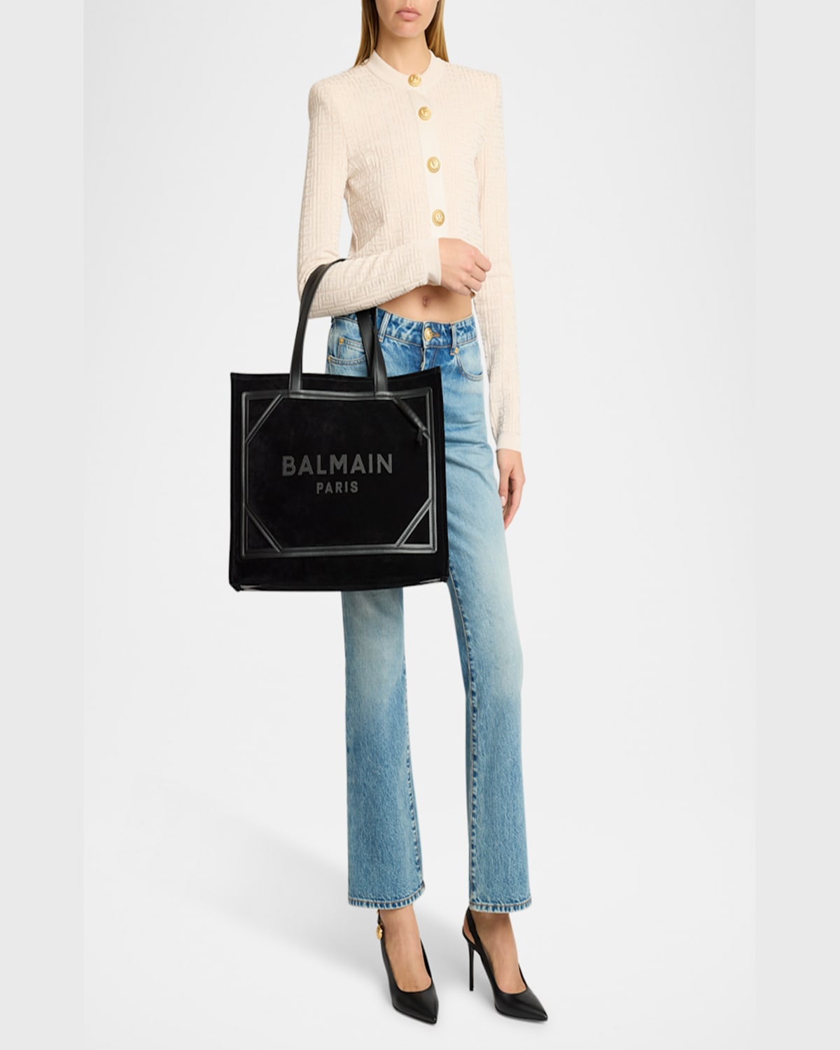 Balmain B Army Medium Shopper Tote Bag In Suede In 0pa Noir