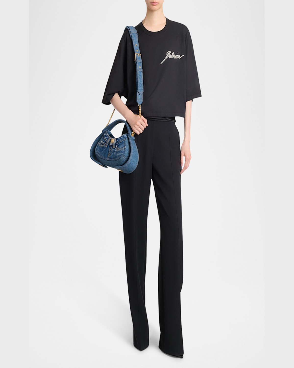 Balmain Jolie Madam Medium Top-handle Bag In Denim In 6ff Bleu Jean