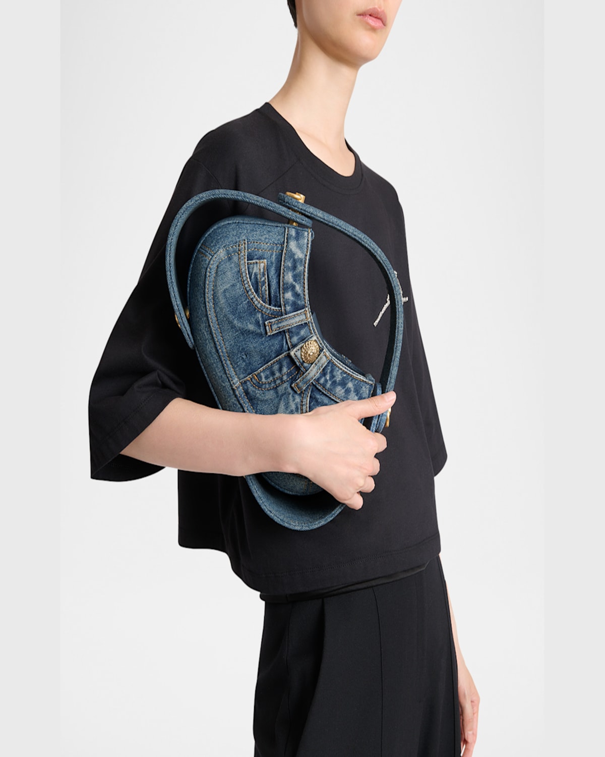 Balmain Jolie Madam Medium Top-handle Bag In Denim In 6ff Bleu Jean