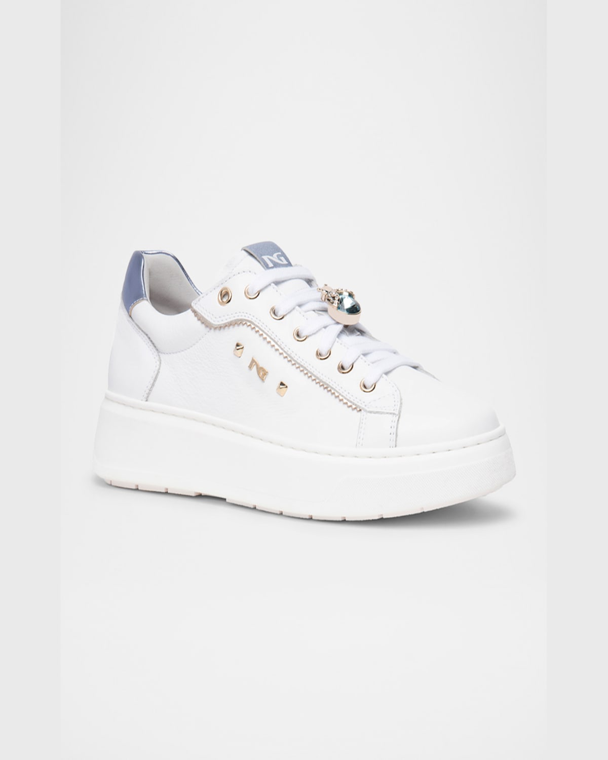 Nerogiardini Leather Retro Jeweled Low-top Sneakers In White/purple Metallic