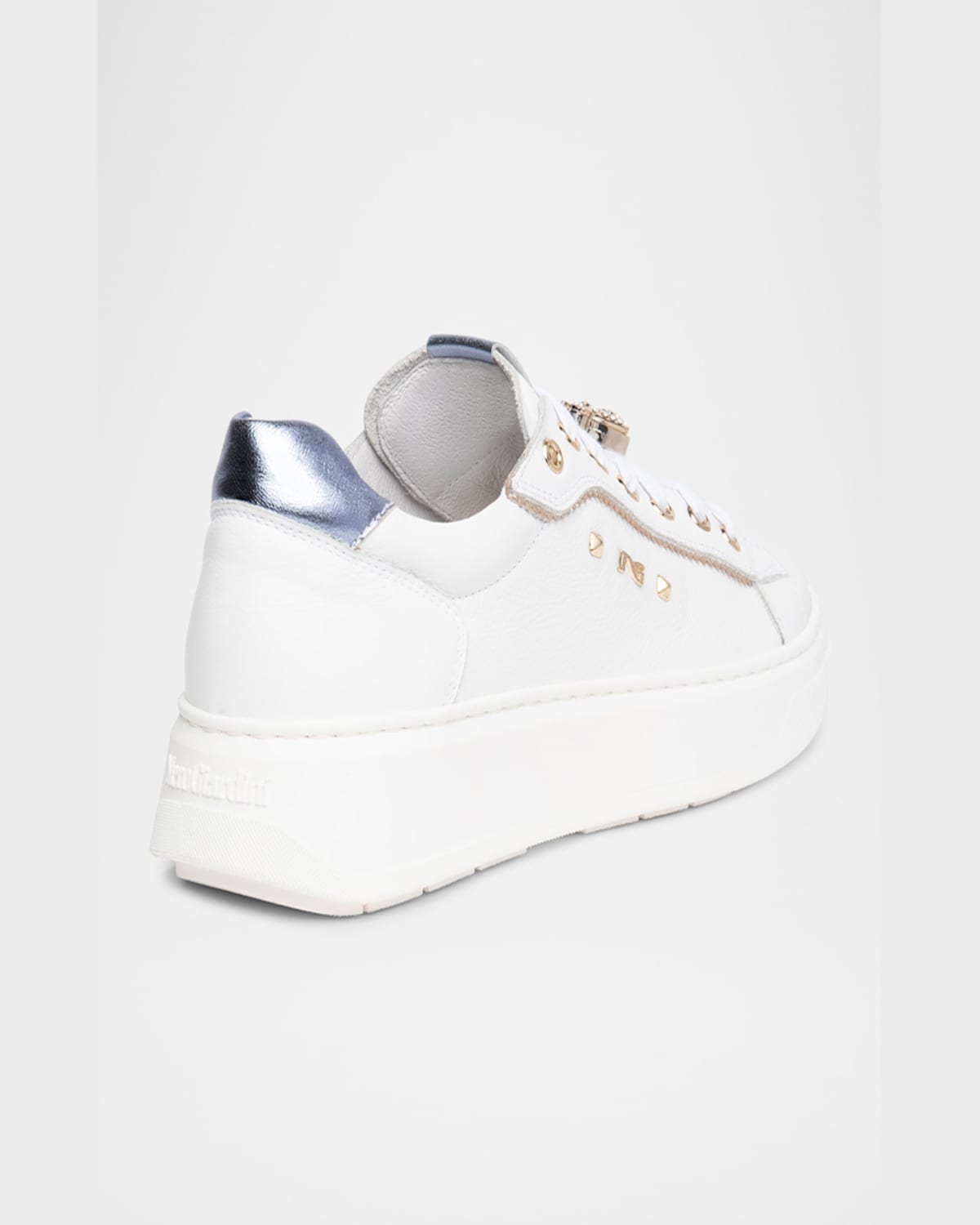 Nerogiardini Leather Retro Jeweled Low-top Sneakers In White/purple Metallic