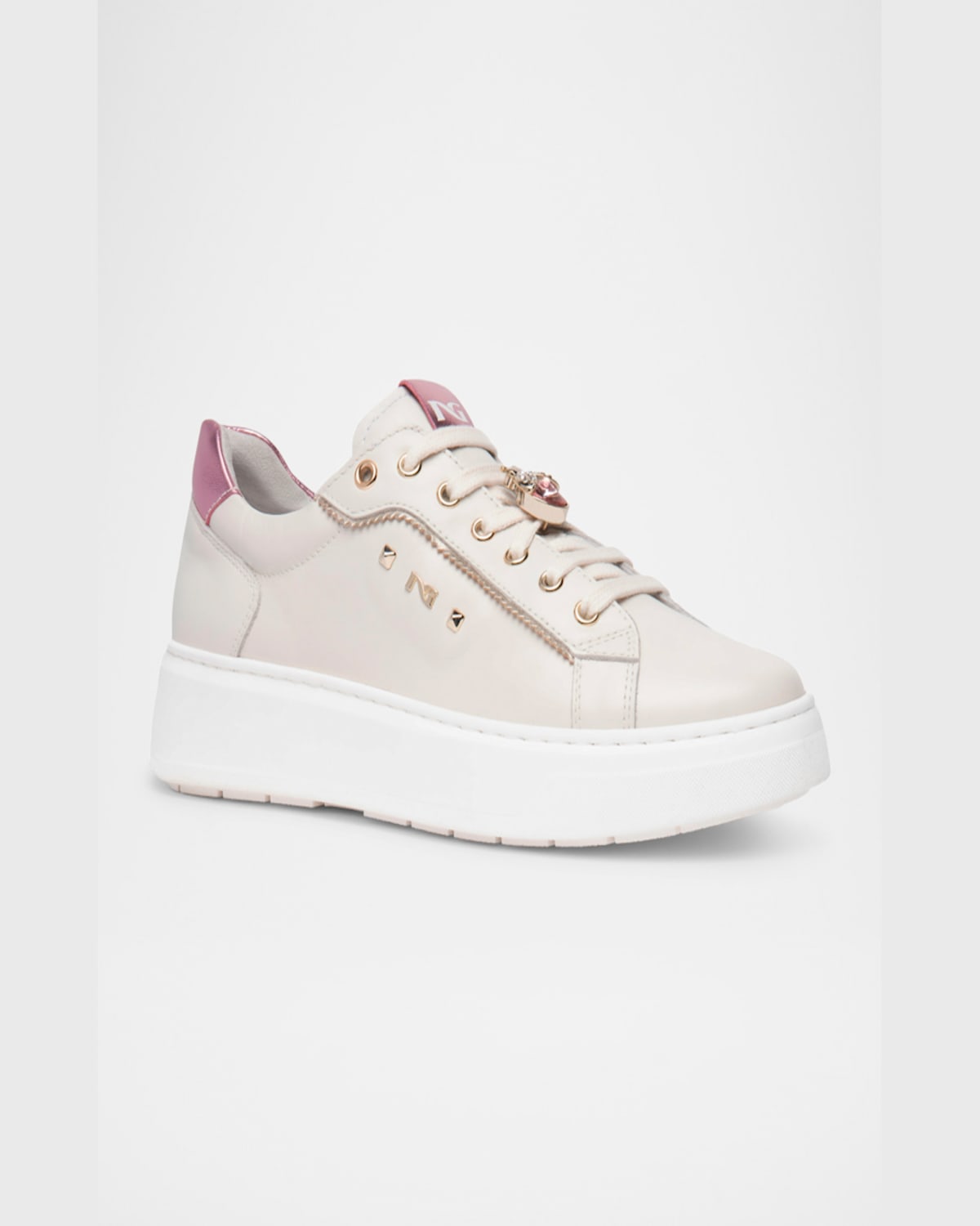 Nerogiardini Leather Retro Jeweled Low-top Sneakers In White/purple Metallic