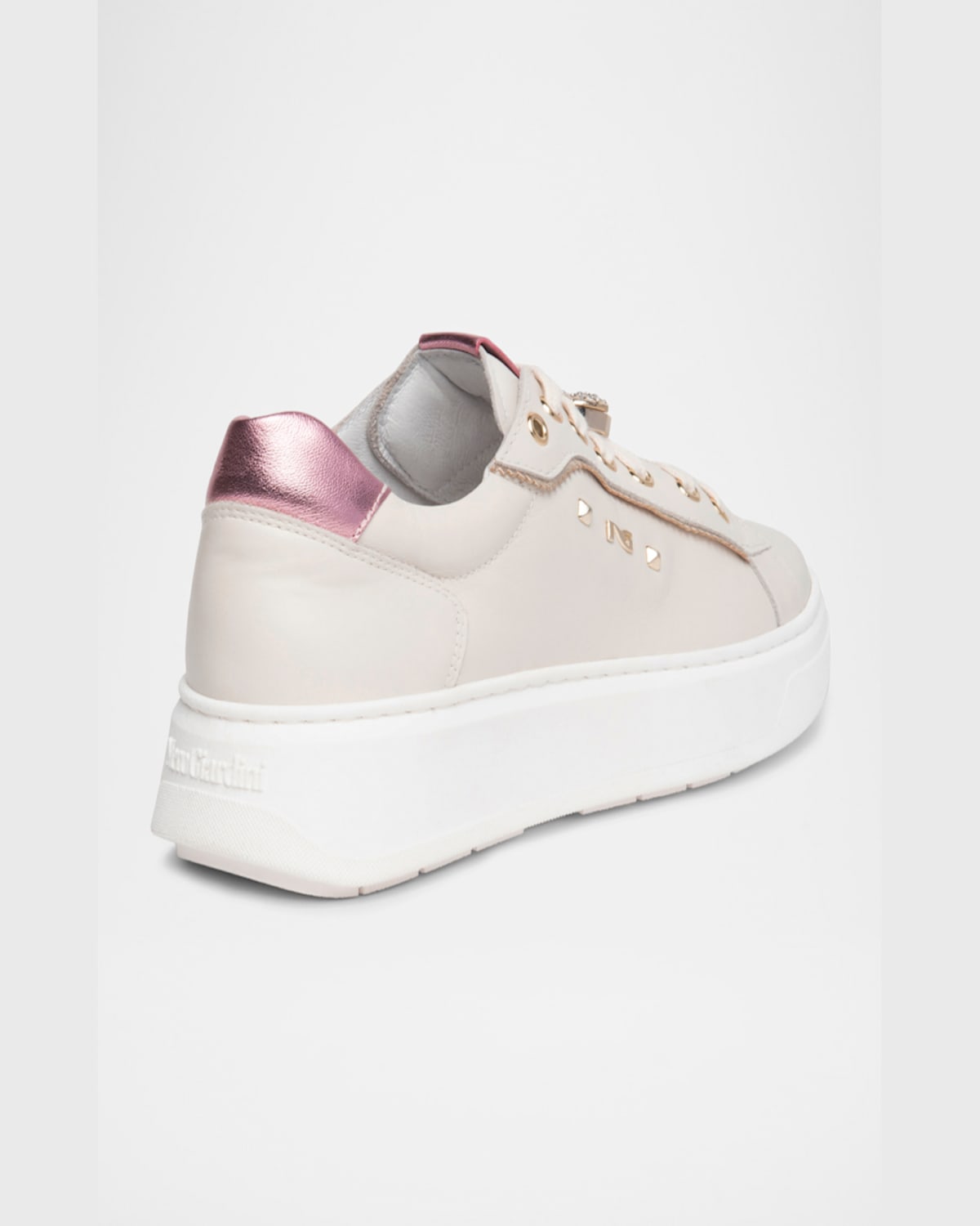 Nerogiardini Leather Retro Jeweled Low-top Sneakers In White/purple Metallic