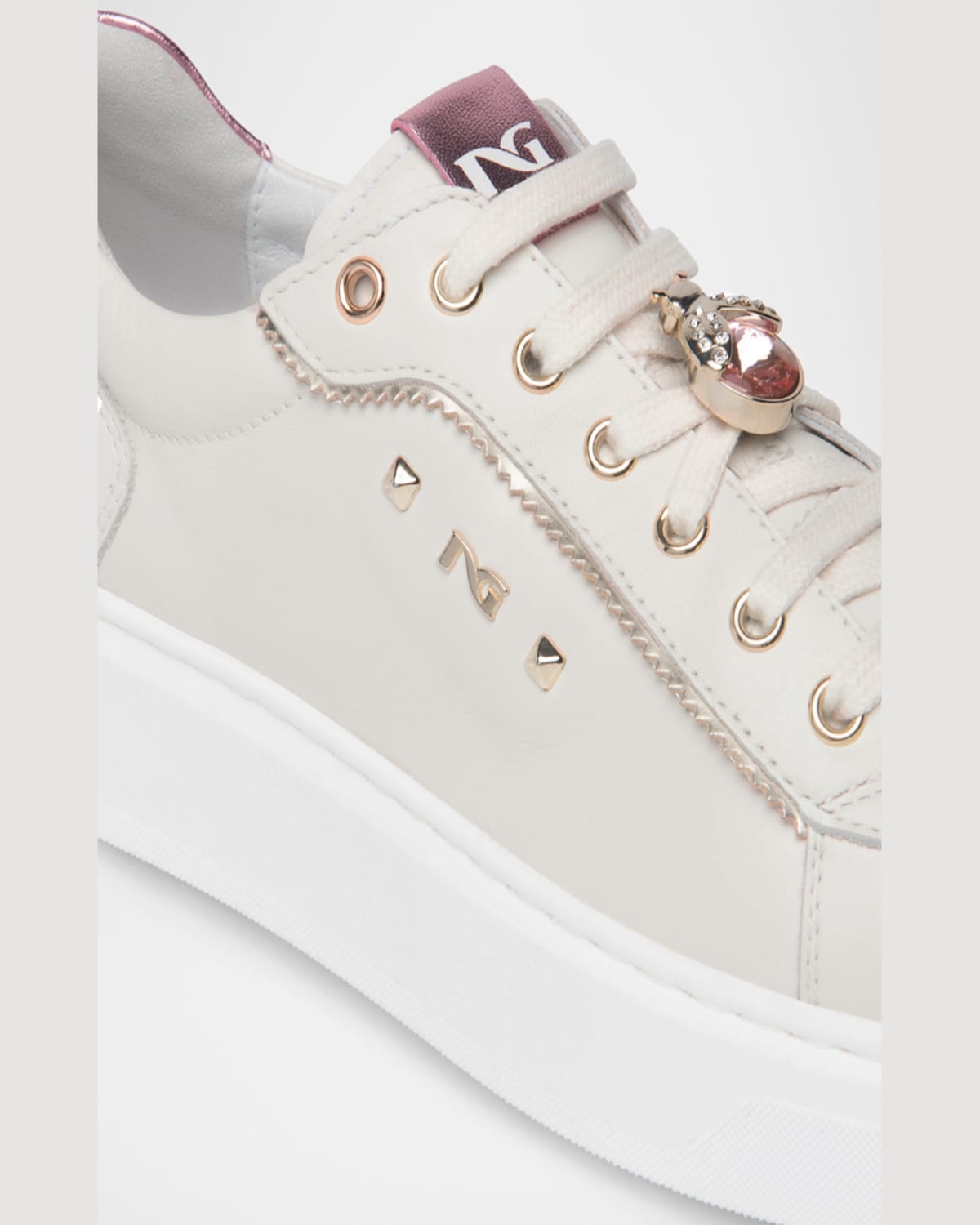 Nerogiardini Leather Retro Jeweled Low-top Sneakers In White/purple Metallic