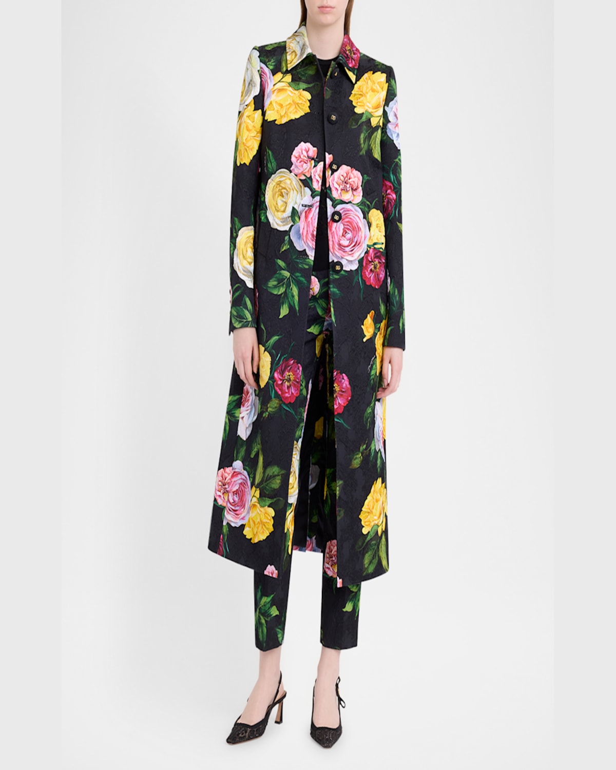 Dolce & Gabbana Calf-length Cady Shirt Dress With Peony And Rose Print In Blkmixflow