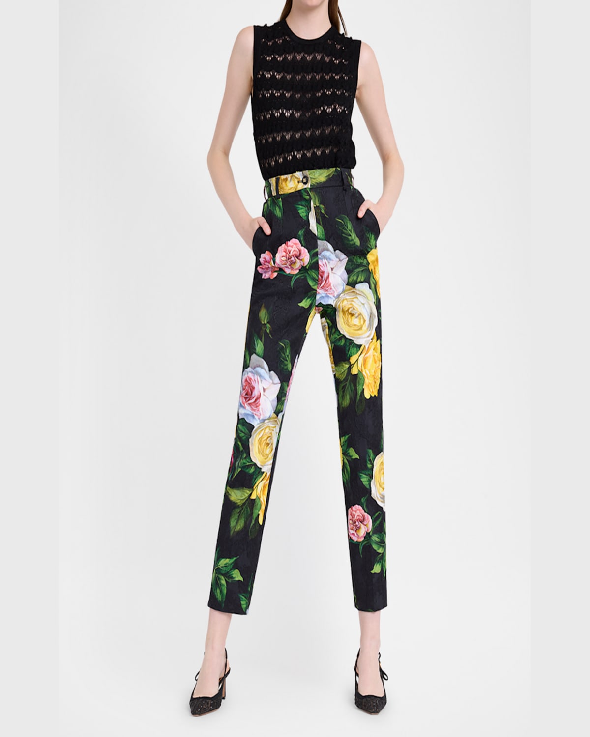 Dolce & Gabbana Peonie And Roses Floral-print Cotton-blend Brocade Straight-leg Pants In Blkmixflow