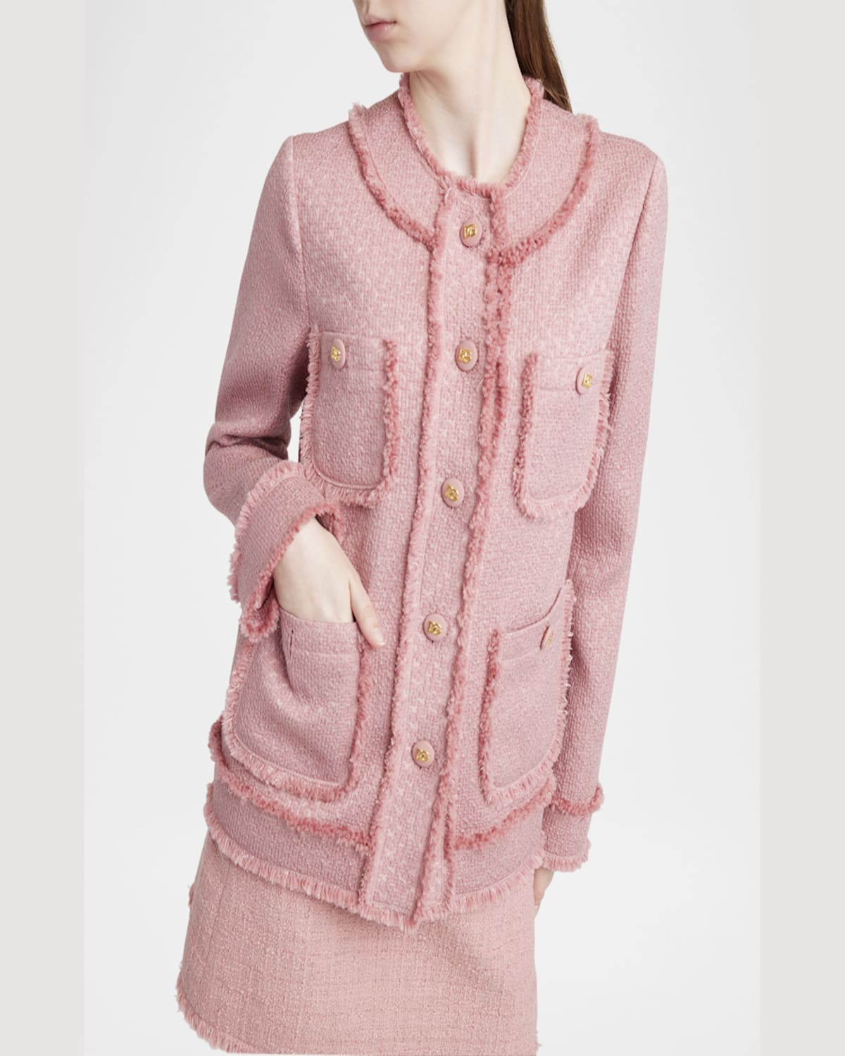 Dolce & Gabbana Rachel Tweed Single-breasted Collarless Jacket In Dark Pink