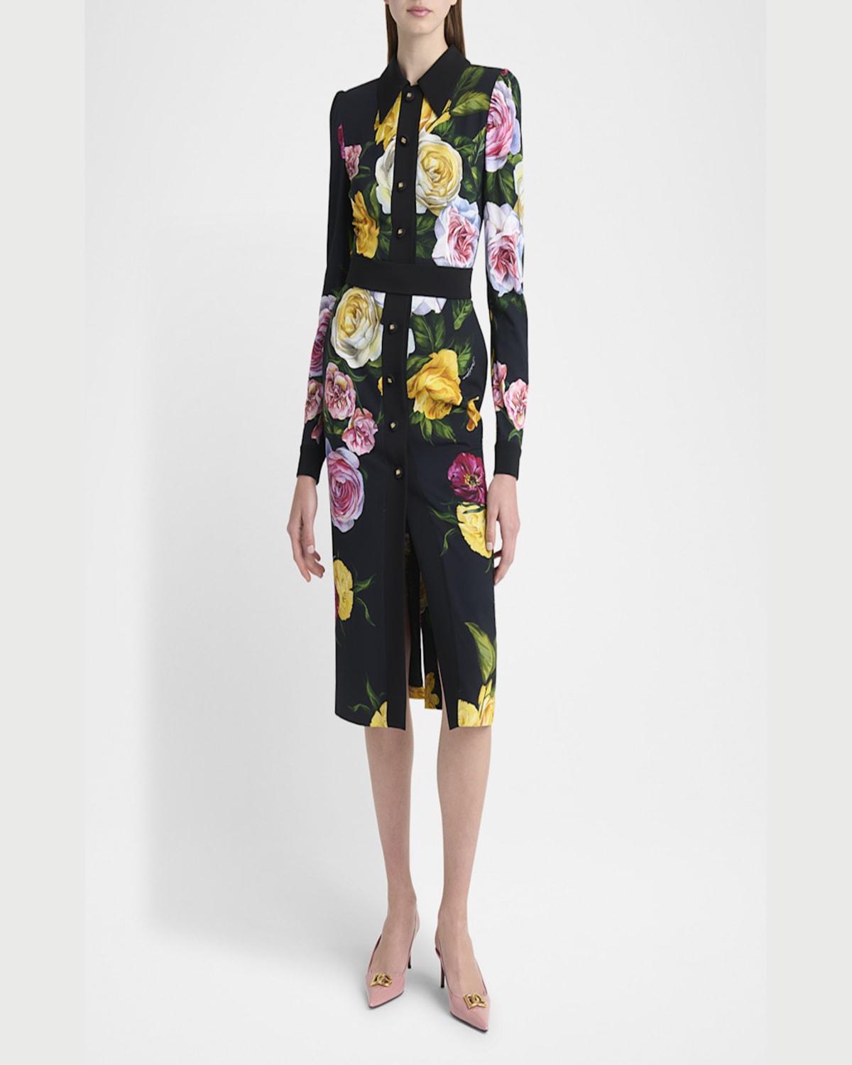 Dolce & Gabbana Calf-length Cady Shirt Dress With Peony And Rose Print In Blkmixflow