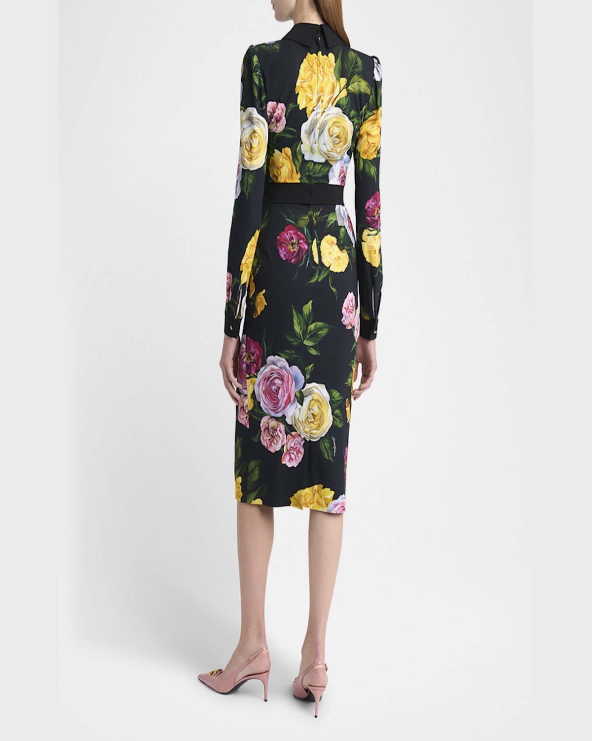Dolce & Gabbana Calf-length Cady Shirt Dress With Peony And Rose Print In Blkmixflow