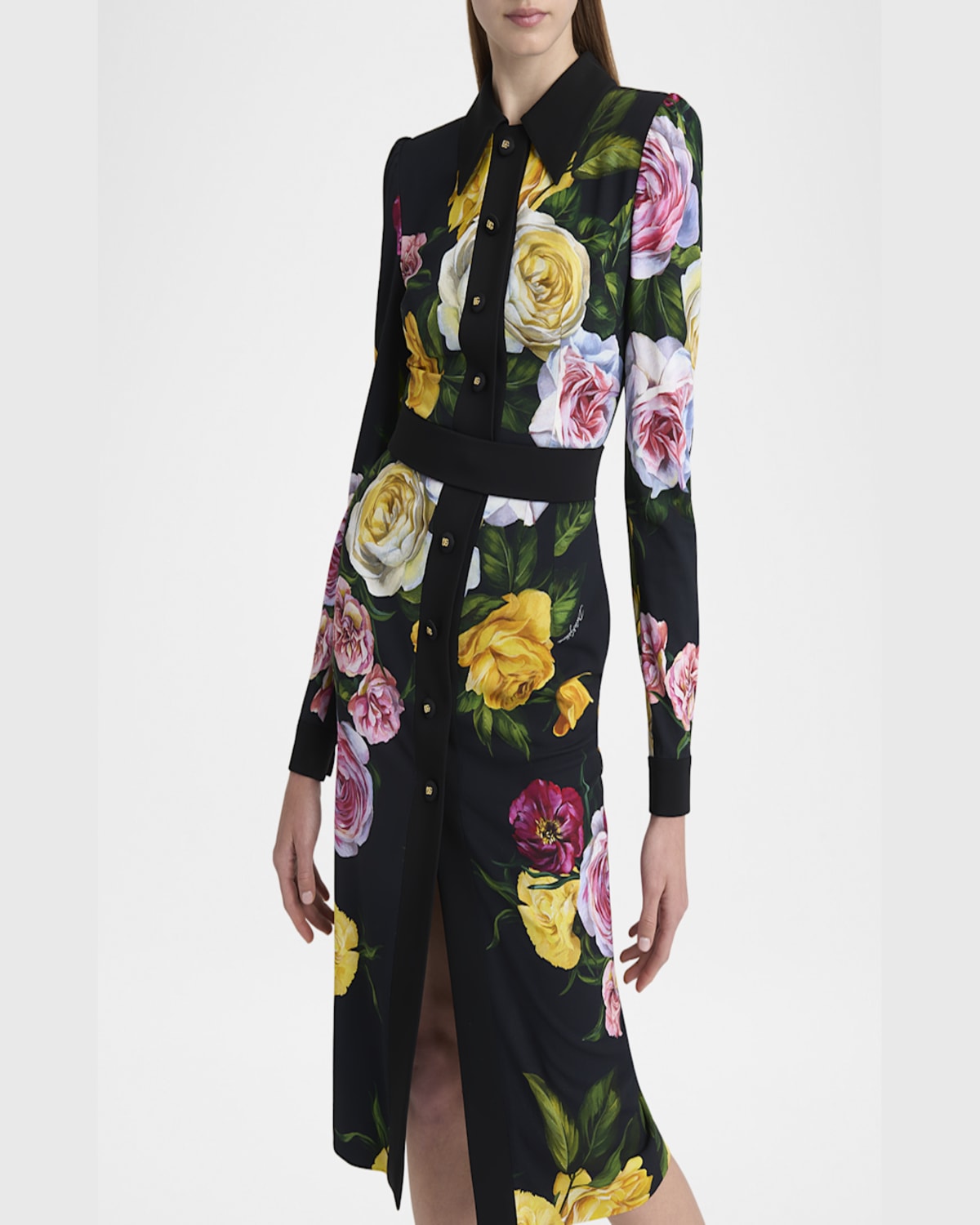 Dolce & Gabbana Calf-length Cady Shirt Dress With Peony And Rose Print In Blkmixflow