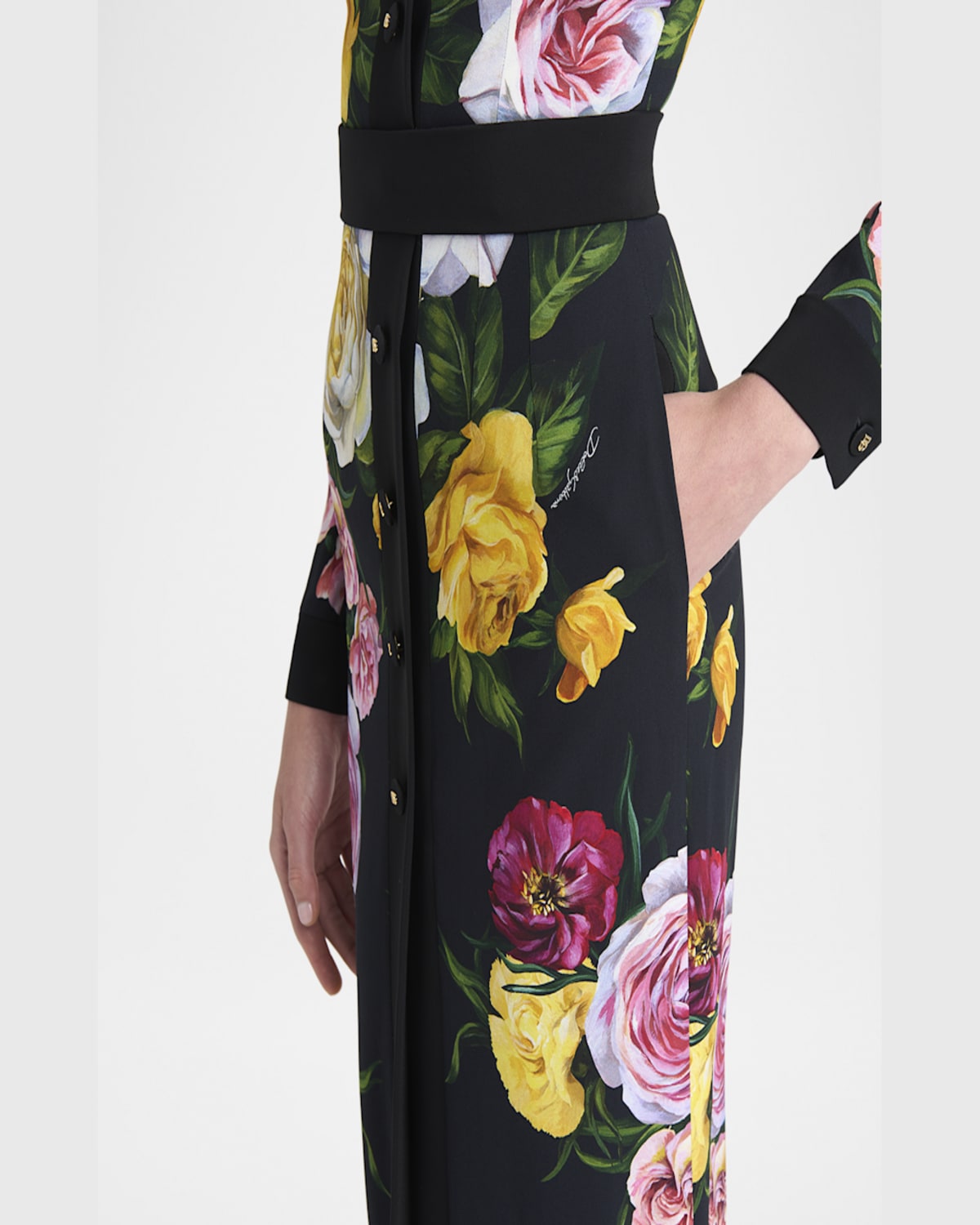 Dolce & Gabbana Calf-length Cady Shirt Dress With Peony And Rose Print In Blkmixflow