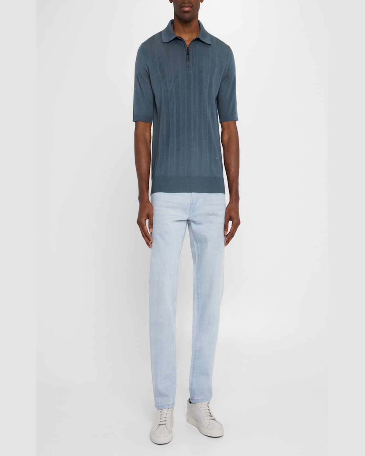 Isaia Men's Stripe Knit Short-sleeve Polo Sweater In Navy