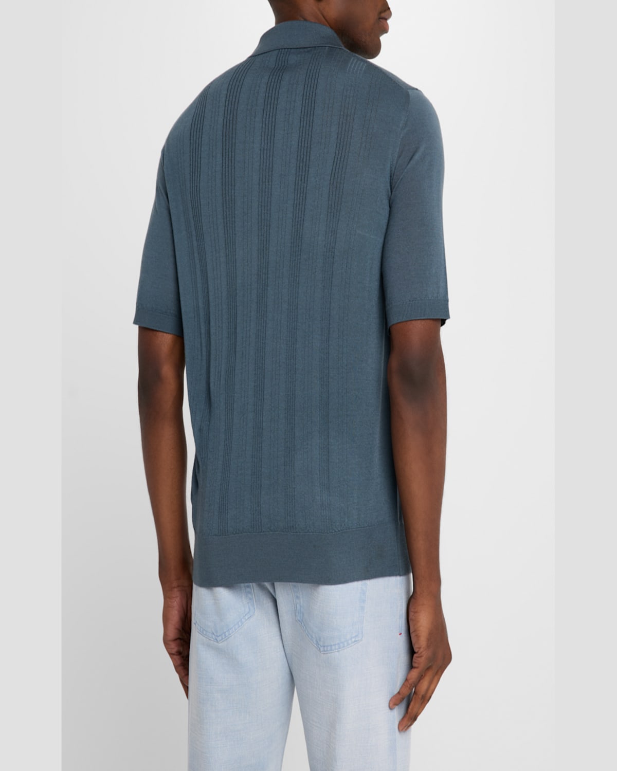 Isaia Men's Stripe Knit Short-sleeve Polo Sweater In Navy