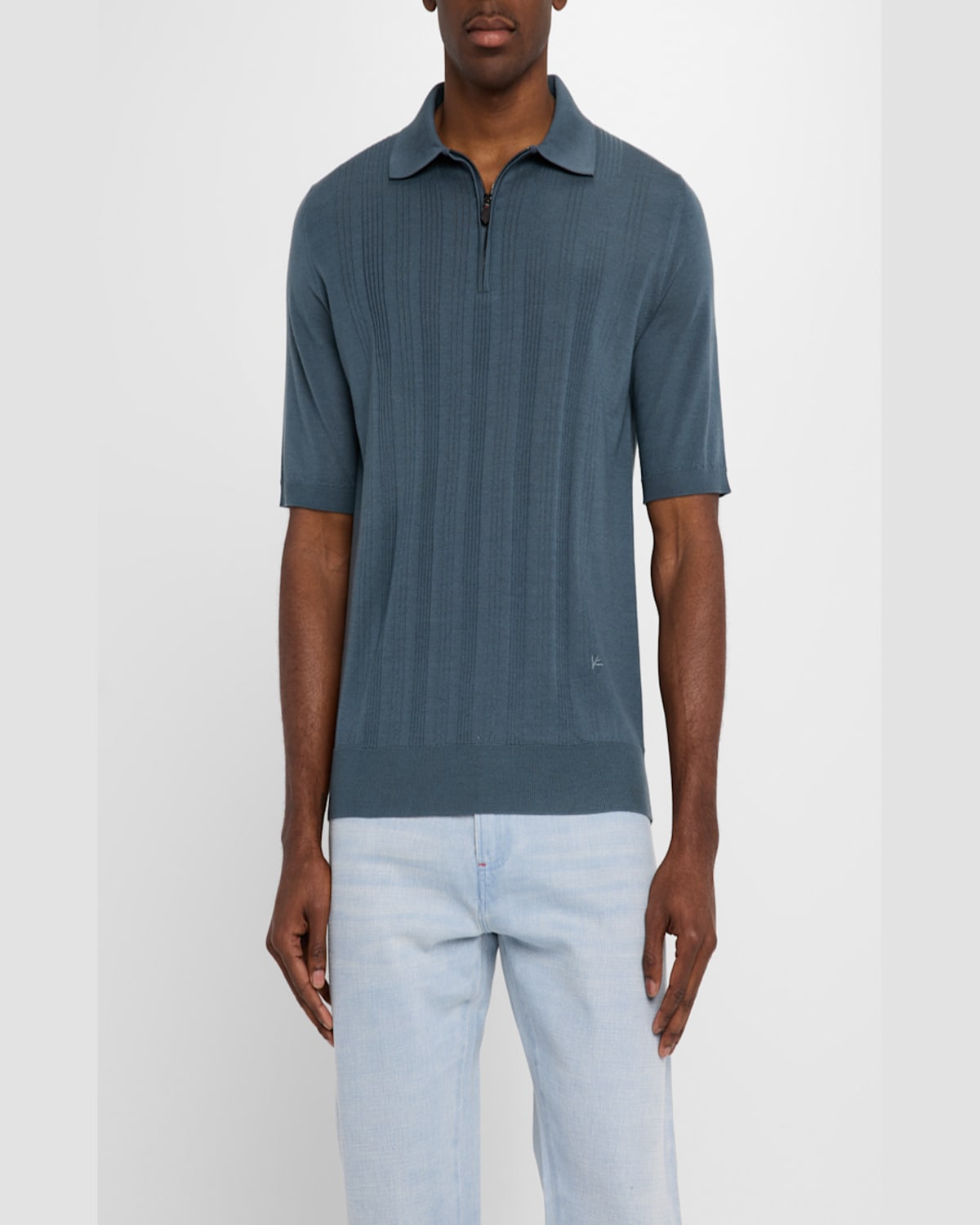 Isaia Men's Stripe Knit Short-sleeve Polo Sweater In Navy