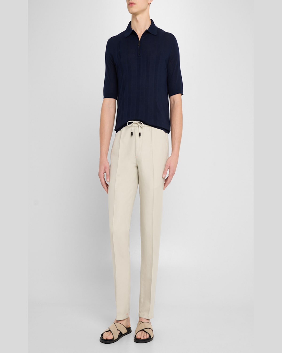 Isaia Men's Stripe Knit Short-sleeve Polo Sweater In Navy