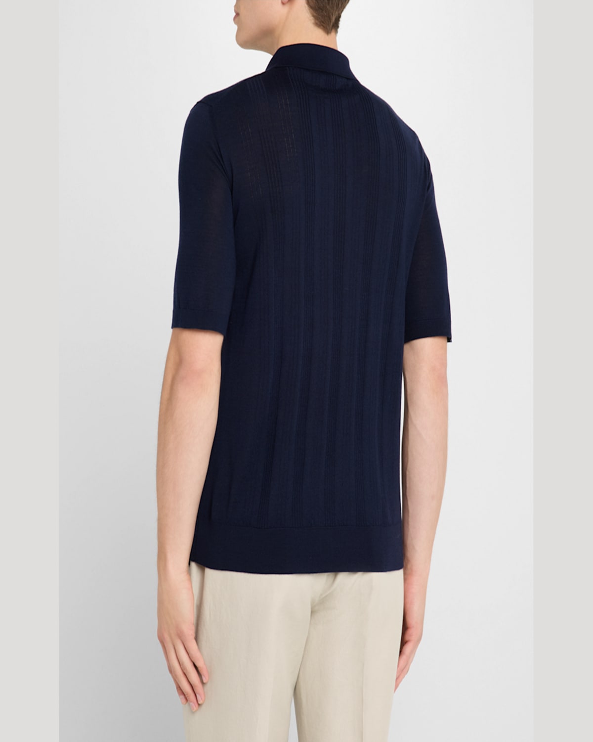 Isaia Men's Stripe Knit Short-sleeve Polo Sweater In Navy