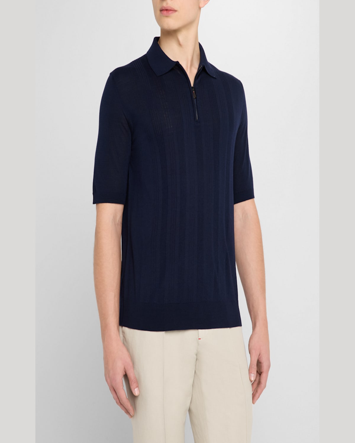 Isaia Men's Stripe Knit Short-sleeve Polo Sweater In Navy