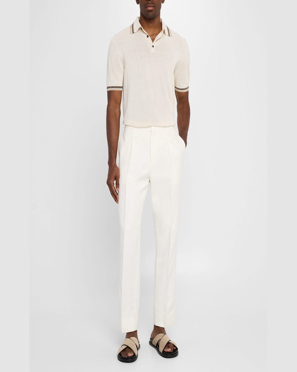 Isaia Men's Silk And Linen Tipped Polo Sweater In White
