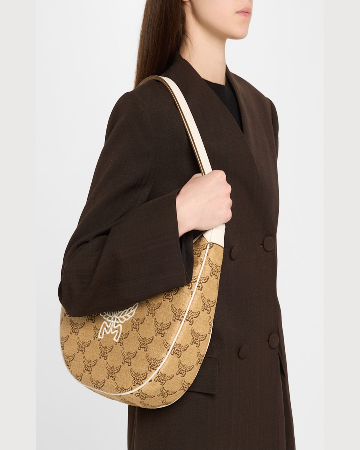 Mcm Women Embroidered Raffia Himmel Ascending Moon Shoulder Bag In Natural