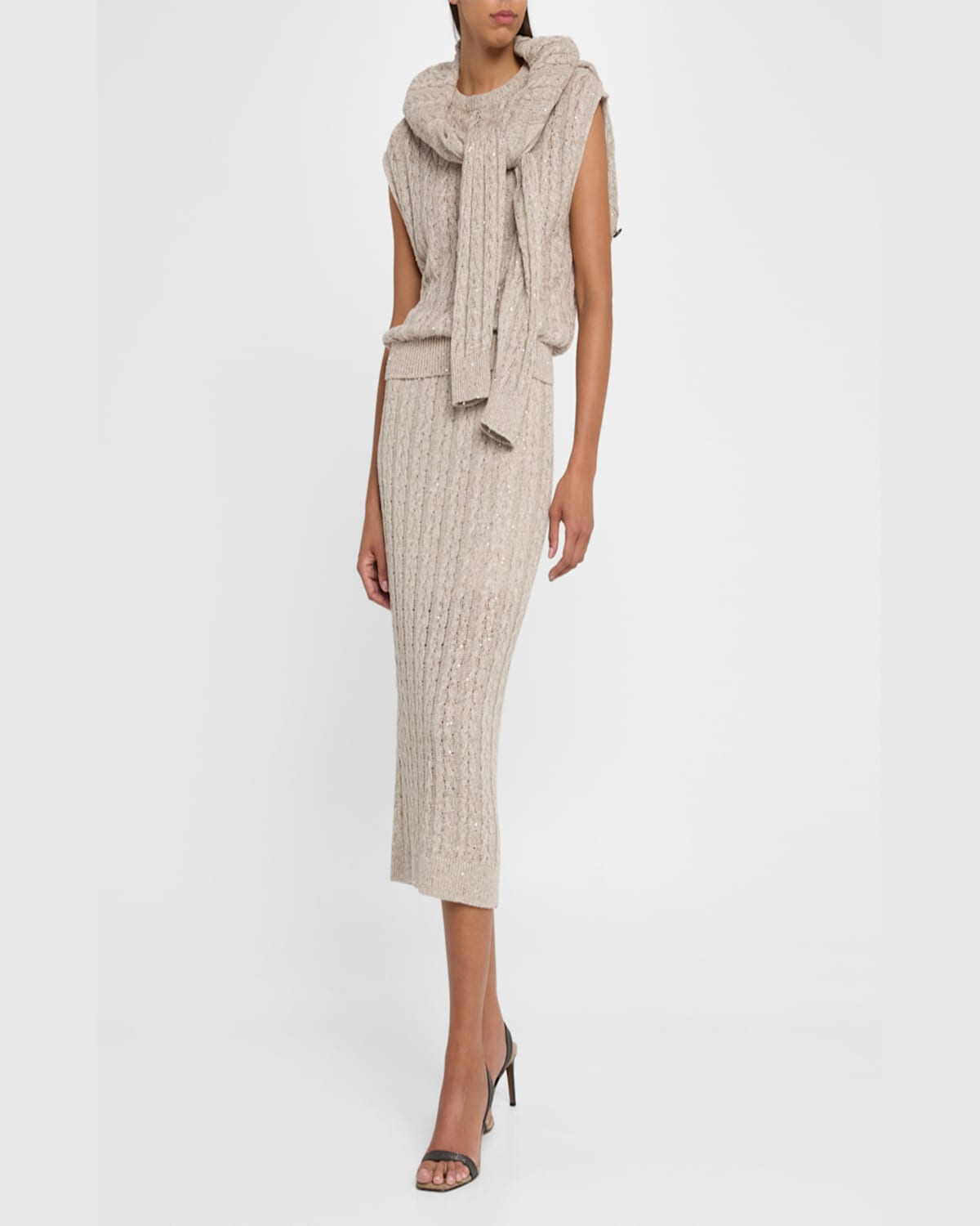 Brunello Cucinelli Linen Paillettes Cable-knit Cardigan In Beige Freddo