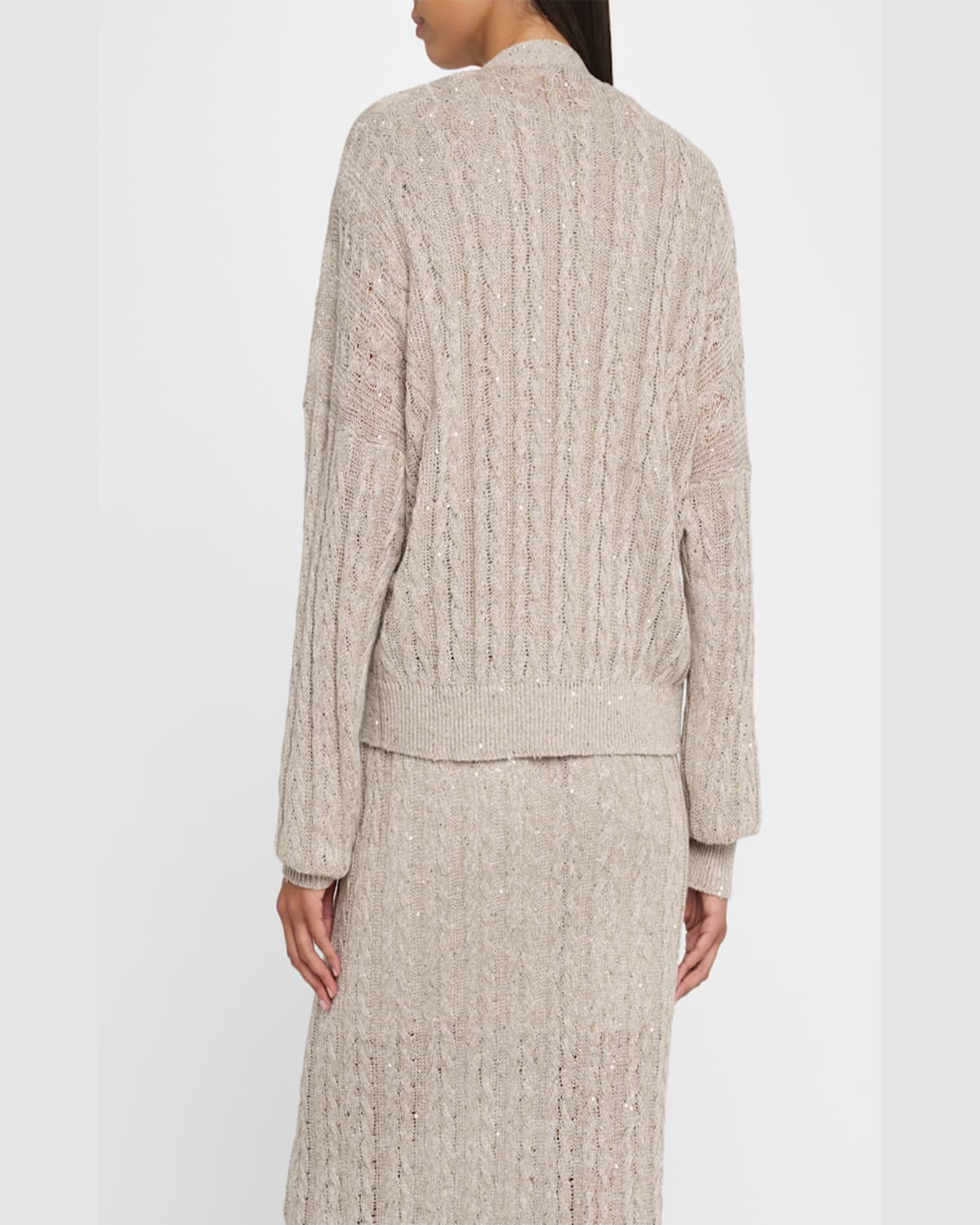 Brunello Cucinelli Linen Paillettes Cable-knit Cardigan In Beige Freddo