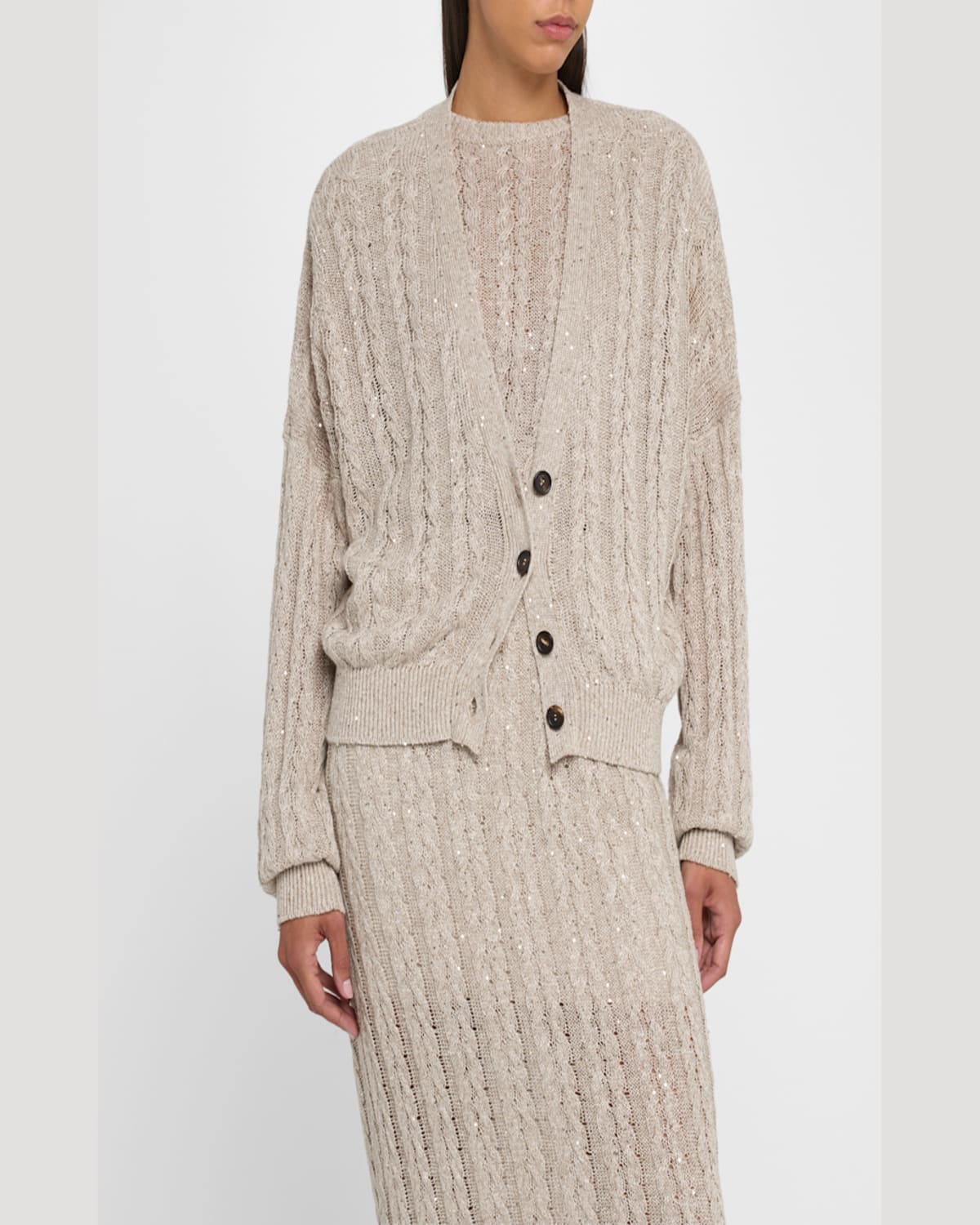 Brunello Cucinelli Linen Paillettes Cable-knit Cardigan In Beige Freddo