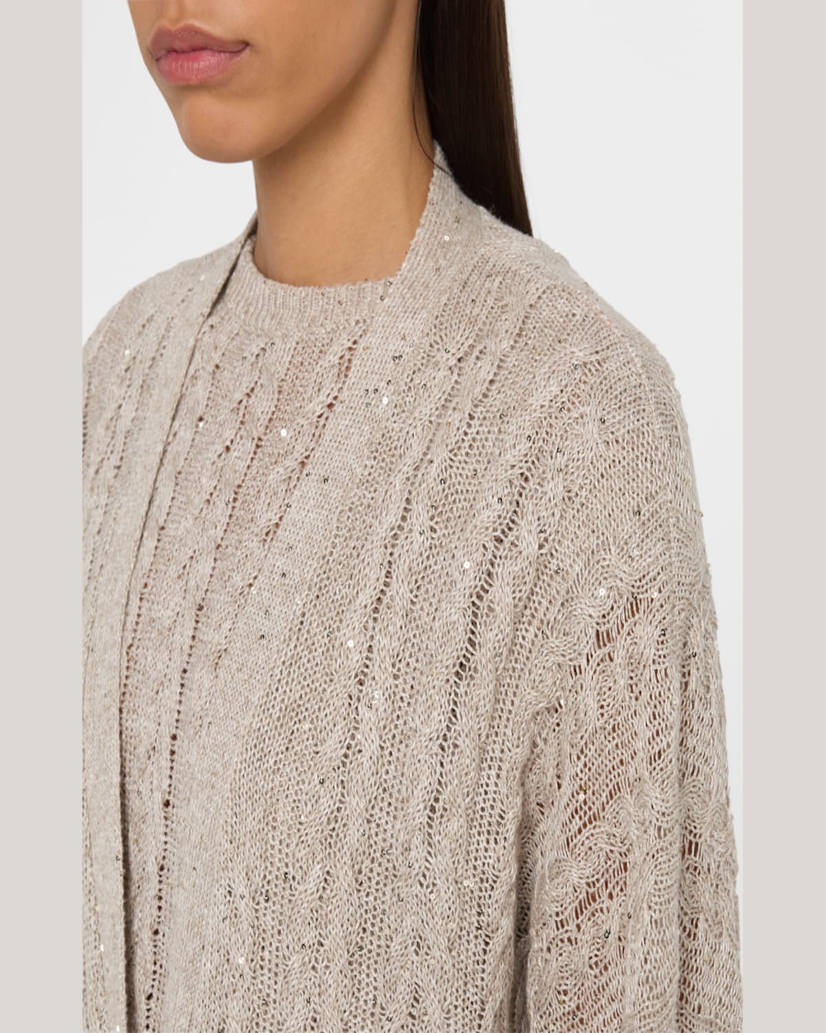 Brunello Cucinelli Linen Paillettes Cable-knit Cardigan In Beige Freddo