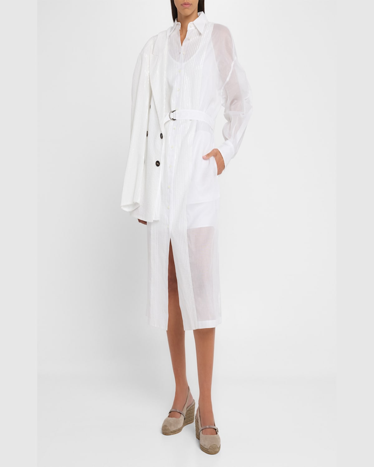 Brunello Cucinelli Tuxedo Bib Long-sleeve Belted Organza Tunic Shirt In Bianco