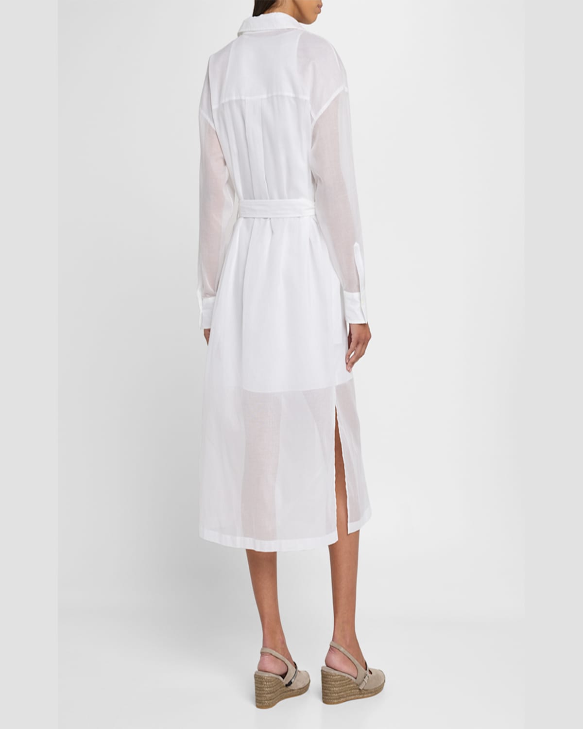 Brunello Cucinelli Tuxedo Bib Long-sleeve Belted Organza Tunic Shirt In Bianco