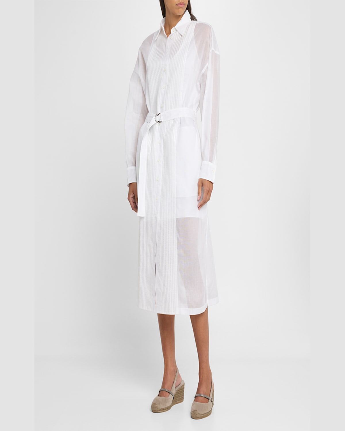 Brunello Cucinelli Tuxedo Bib Long-sleeve Belted Organza Tunic Shirt In Bianco