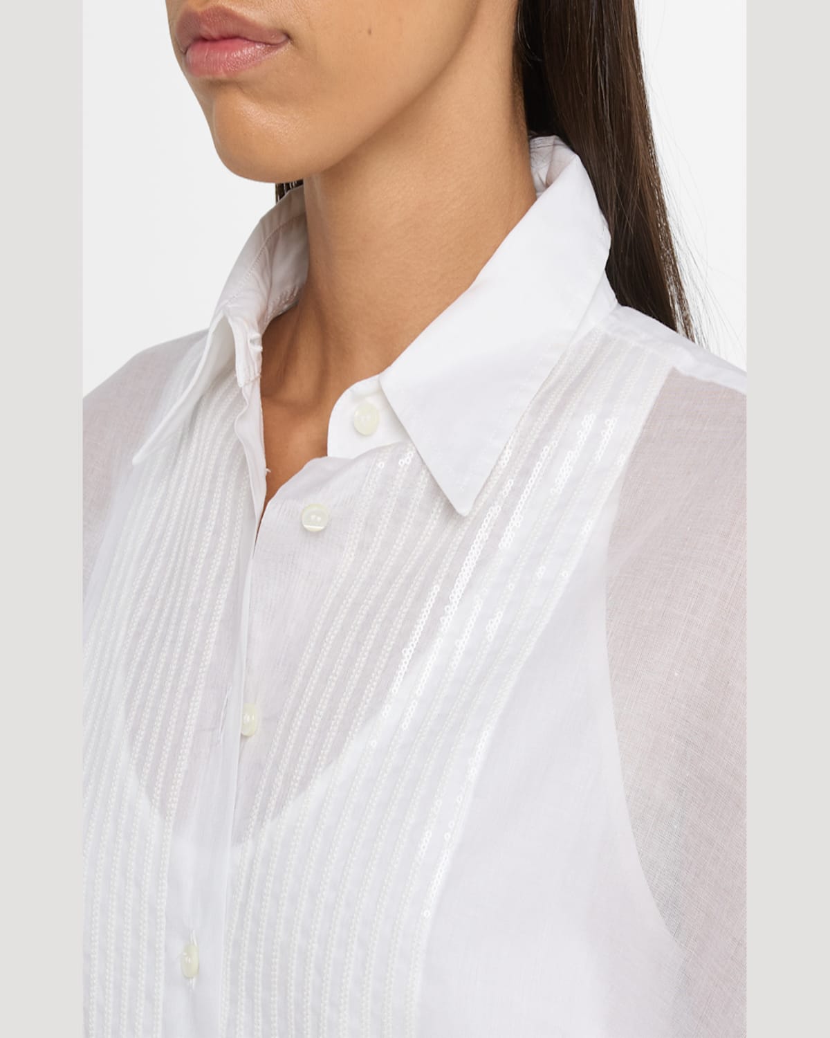 Brunello Cucinelli Tuxedo Bib Long-sleeve Belted Organza Tunic Shirt In Bianco