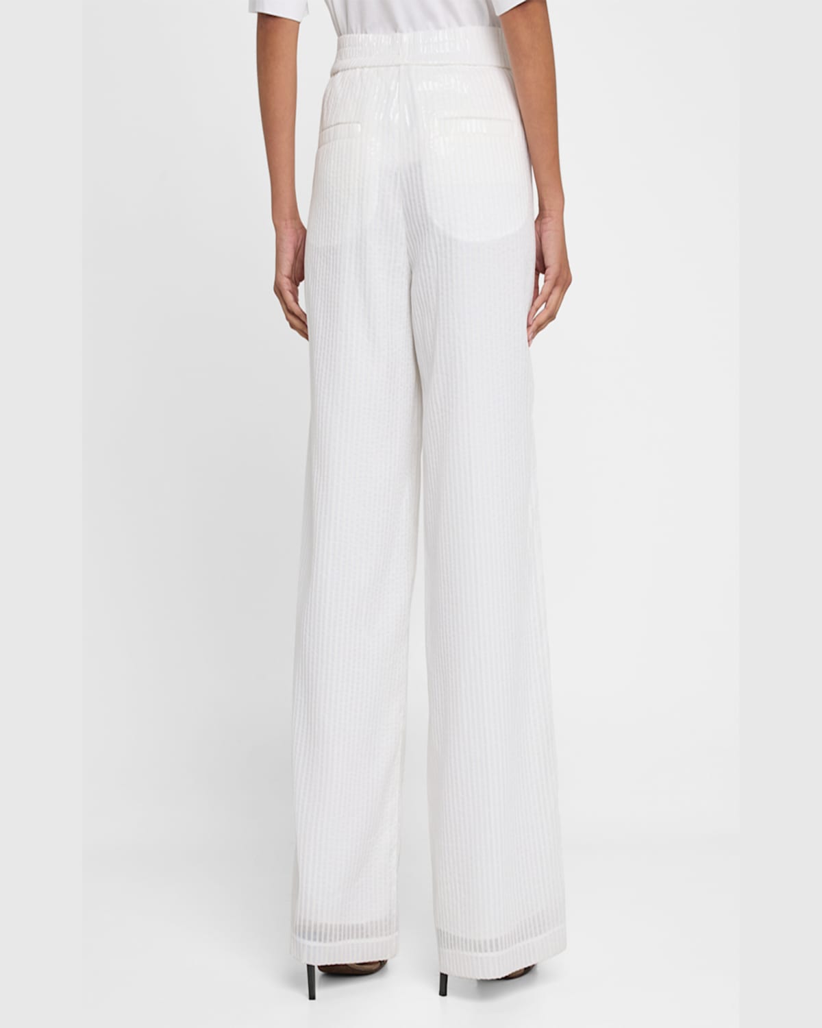 Brunello Cucinelli Stripe Sequined Wide Leg Organza Pants In Bianco